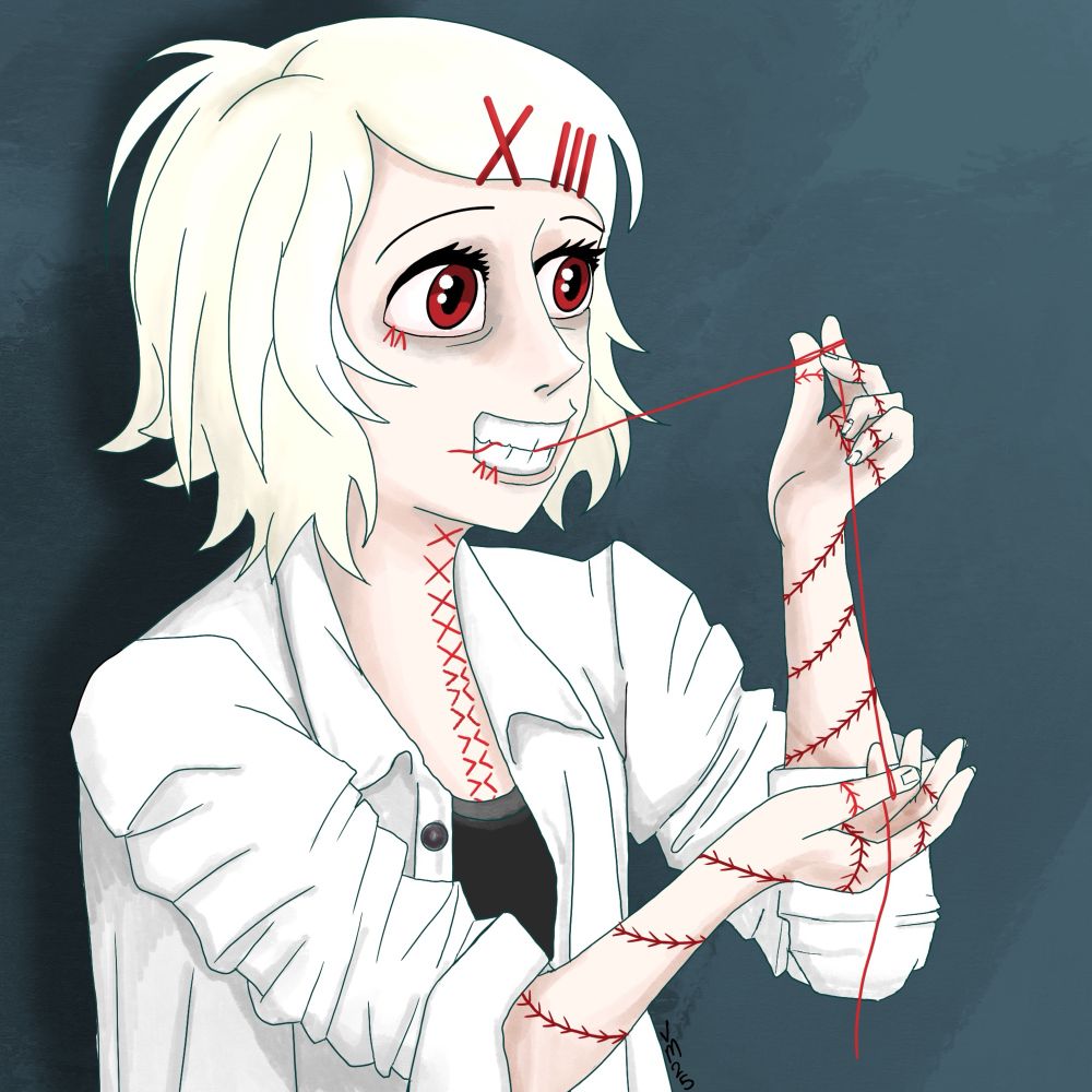 A cheerful Juzo prepping the string for his next series of red stitches 