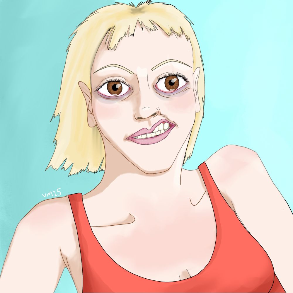 A blonde with brown eyes, sneering with dead eyes 
