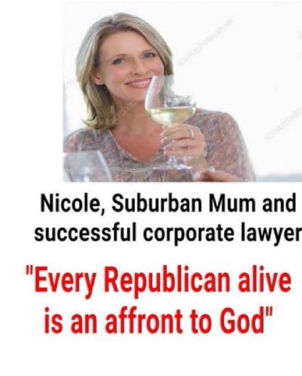 Stock photo of a woman with a wine glass and the caption, "Nicole, Suburban Mum and successful corporate lawyer, 'Every Republican alive is an affront to God.'"