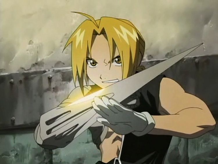 Edward Elric from Fullmetal Alchemist, his cloak gone, his shirt ripped in half, and his arm plate turned into a sword.