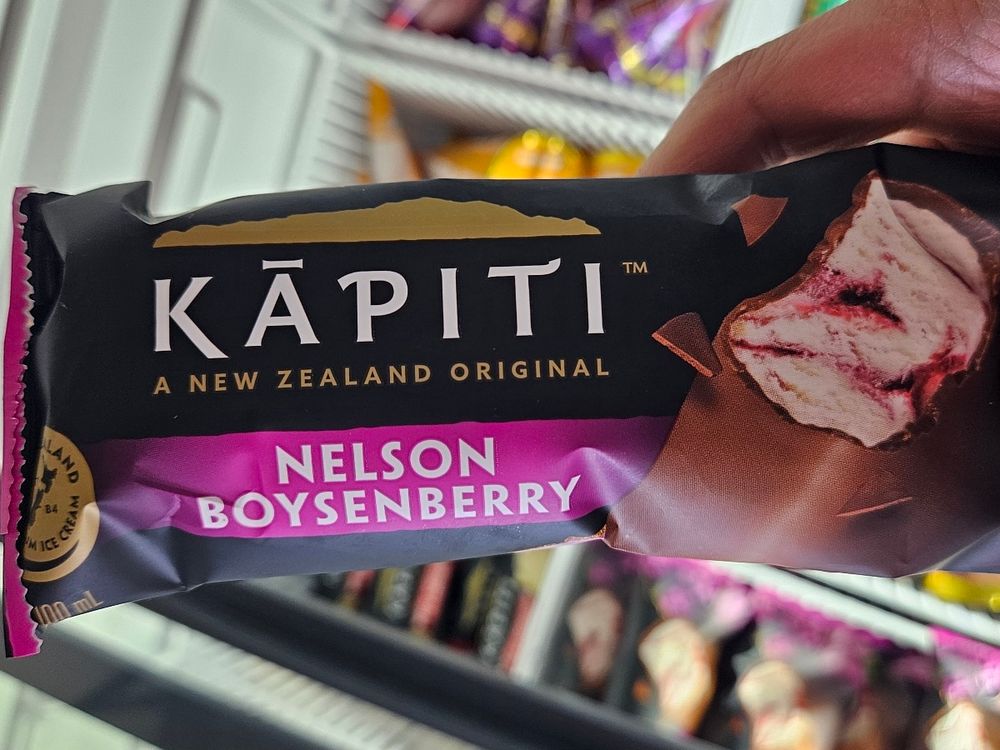 Packaging wrapper of Kapiti ice cream bar, nelson boysenberry flavored