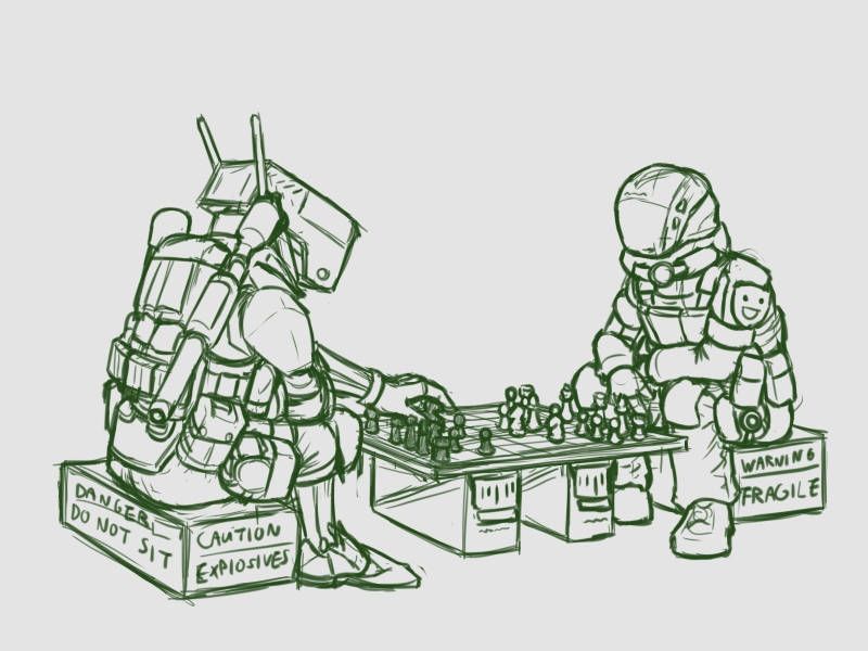 A sketch of human and robot agents playing a game of chess. Both players are sitting on top of boxes clearly not meant to be sit on, with the robot's box text reading "Explosives" with explicit caution to not sit on top.