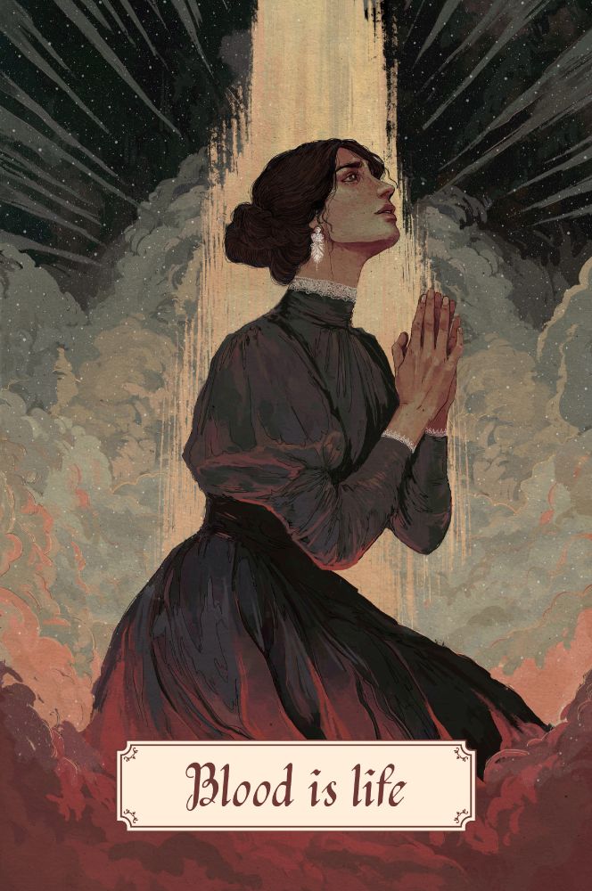 An illustrated portrait of Aubeline de Sterraux from A LEGACY OF BLOOD AND BONE. She is a white woman with brown hair tied in an intricate hairstyle. She wears a black dress with puffed sleeves and white earings. Aubeline is shown kneeling and praying, her head looking up.