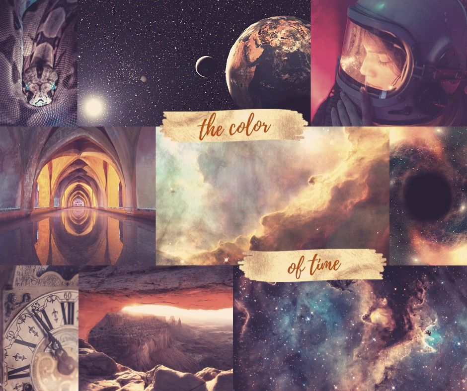 A moodboard with various pictures including, a snake, Earth and the moon from space, a woman wearing a spacesuit, the interior of a temple, a clock, a desertic landscape, and images of space.