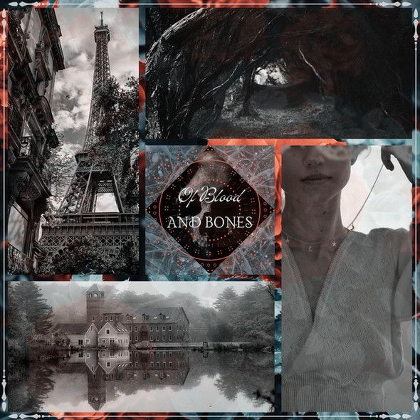 A collage of black and white pictures over a background of roses. Pictures include the Eiffel tower, a manor and its reflection in a lake, a white woman putting a gold necklace on, woods, and a skull. In the middle it reads "Of blood and bones"