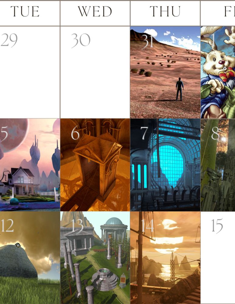 A calendar grid for the first half of August shows dates from July 29 to August 15. Each date square from July 30th through August 14 is filled with an image representing a different Cyan game, showcasing scenes from titles like Myst, Riven, Firmament, Obduction, and more. The image promotes Cyan's GOG summer sale, running through August 14, with a visual nod to the variety across their game portfolio.