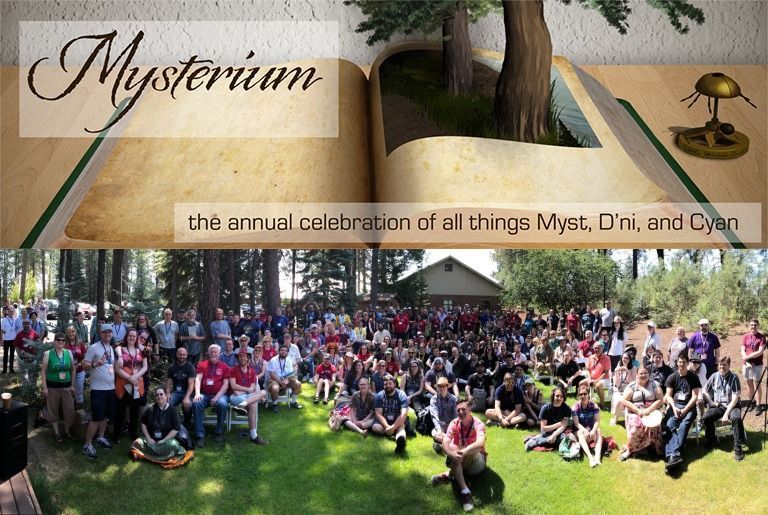 A promotional image for Mysterium, the annual fan-run convention celebrating Myst, D’ni, and Cyan. The top half features an open Myst-style book with the word "Mysterium" in elegant script and the tagline "the annual celebration of all things Myst, D’ni, and Cyan" below it. The book shows a 3D render of trees and a linking book, evoking the style of the Myst games. The bottom half shows a large group of attendees from a past Mysterium event, gathered outdoors on green grass in front of a cabin surrounded by tall pine trees, smiling and posing for a group photo.
