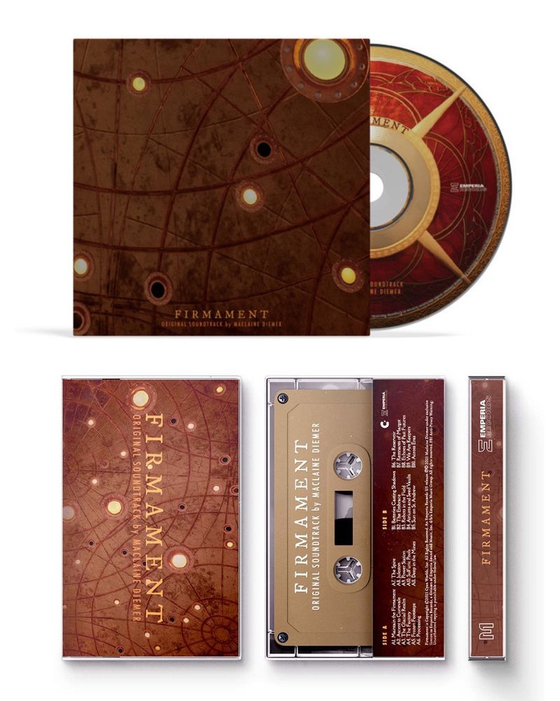 Firmament Original Soundtrack by Maclaine Diemer displayed in both CD and cassette formats. The CD case and disc feature a steampunk-inspired celestial design with warm bronze and copper tones. The cassette has matching artwork and gold label, with the title and composer name printed vertically and tracklist visible on the back insert.