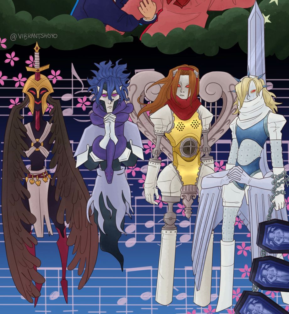 Four Personas, from left to right, Eris, Eurydice, Orpheus and Messiah in front of a blue backdrop with a musical score and cherry blossom petals. Eris is a dark winged humanoid with a golden helmet. The helmet has been stabbed through with a red sword. Eurydice is a ghostly man with a giant purple snake wrapped around his neck as he clasps his hands in front of himself. Orpheus is feminine and mechanical with a giant lyre on her back. Messiah is hugged by a large winged blade on her back. She has a string of coffins wrapped around her left hand