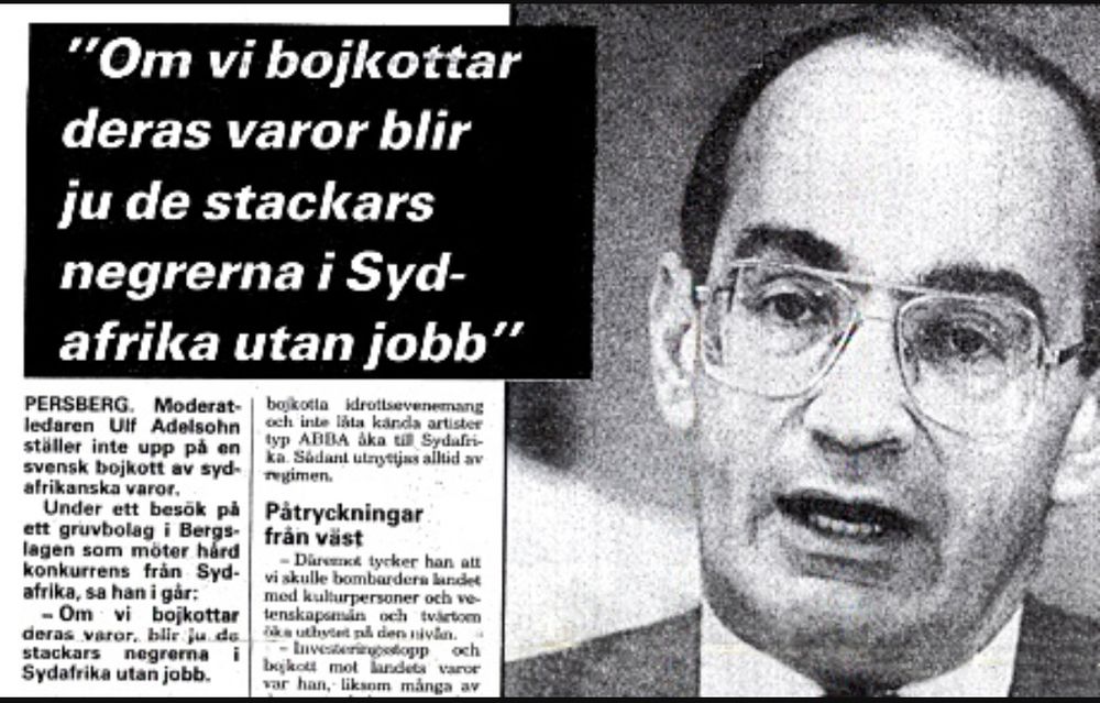 News article reporting a Swedish conservative politician opposing the boycott of Apartheid South Africa while using the racially disparaging term "niggers".