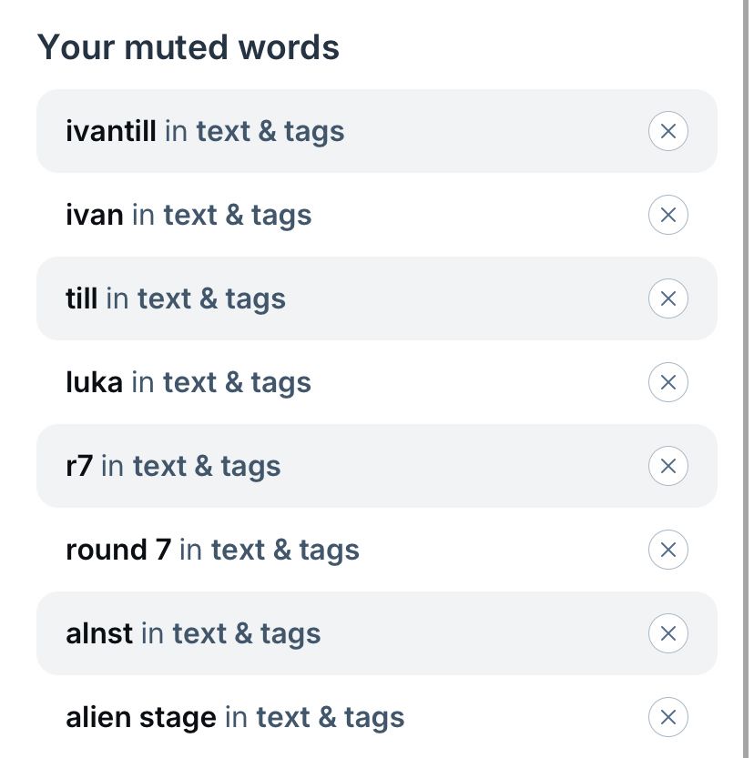 A screenshot of muted words: ivantill, ivan, till, luka, r7, round 7, alsnt, alien stage