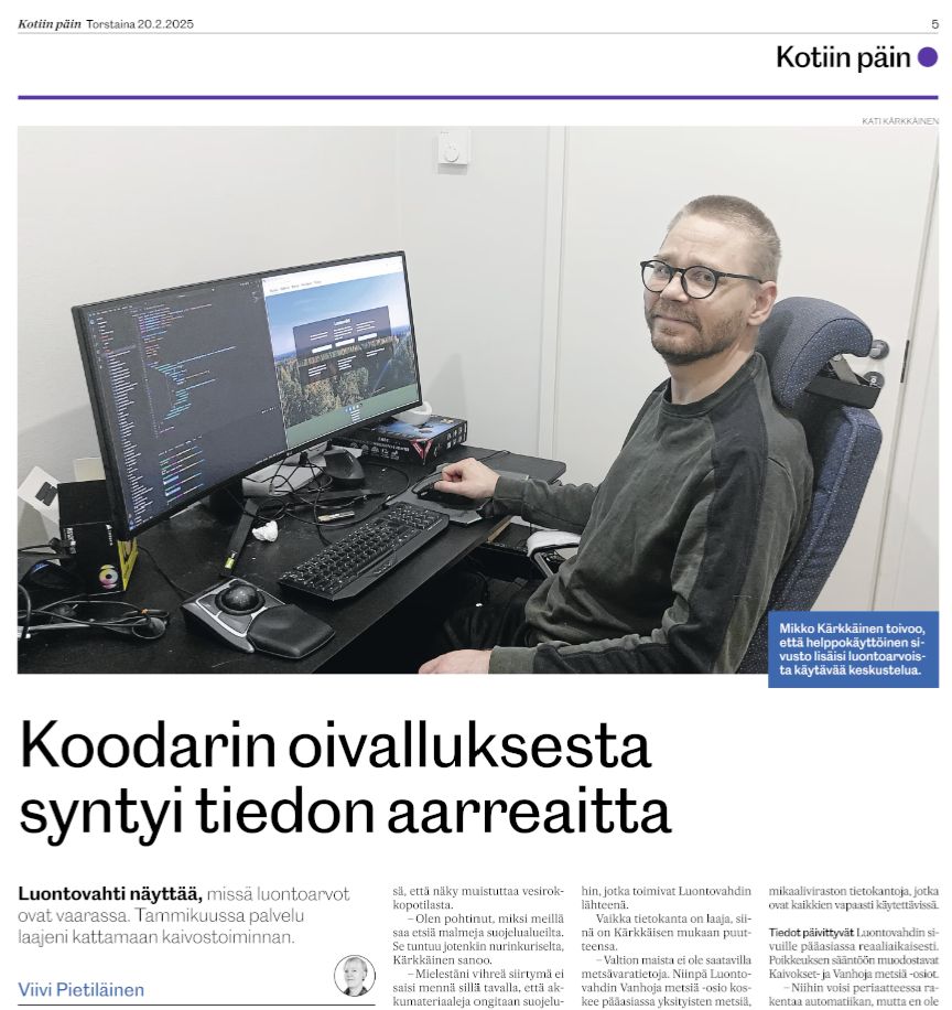 Kuvakaappaus Hankasalmen sanomien näköislehdestä, jossa juttu Luontovahdin kehittäjästä.