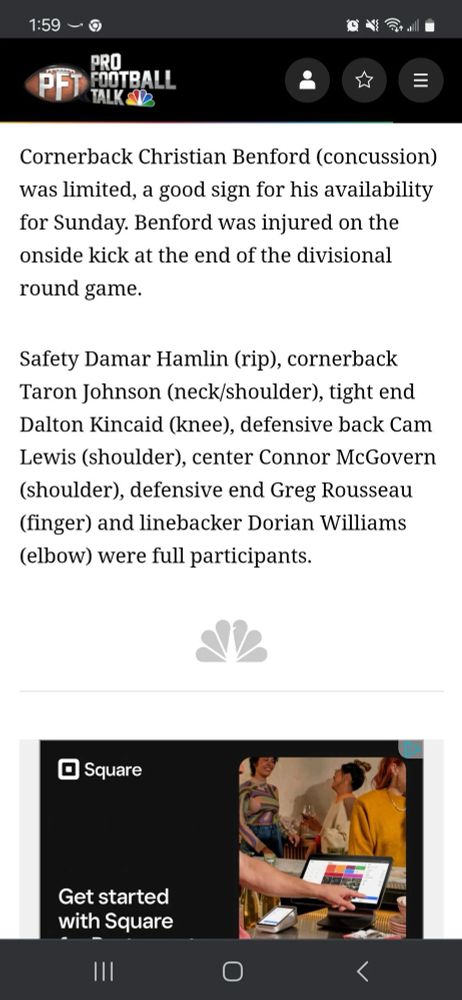 Screenshot of an article about the Buffalo Bills injury report that lists Damar Hamlin's injury as rip instead of rib. Oops.
