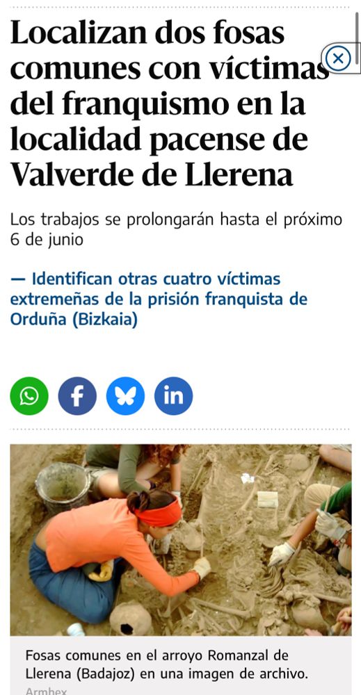 Localizan dos fosas comunes con víctimas del franquismo en la localidad pacense de Valverde de Llerena
Los trabajos se prolongarán hasta el próximo 6 de junio

— Identifican otras cuatro víctimas extremeñas de la prisión franquista de Orduña (Bizkaia)

