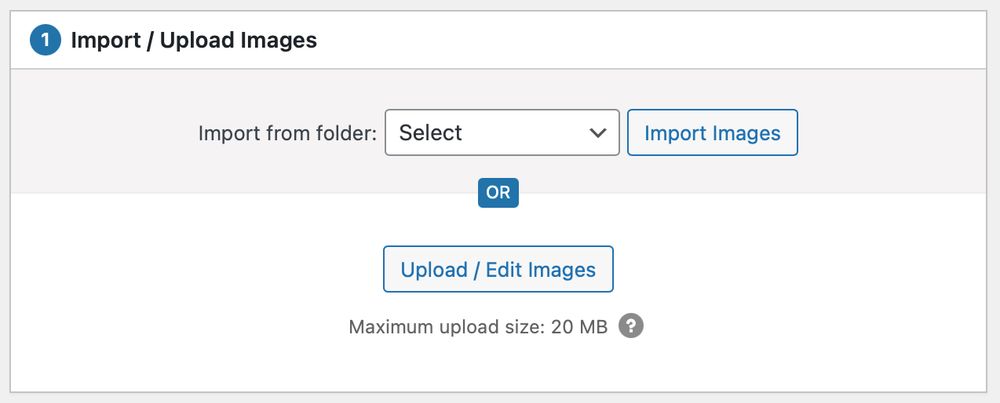 Screenshot showing the option to import images to a proofing gallery directly from the server in picu Pro.