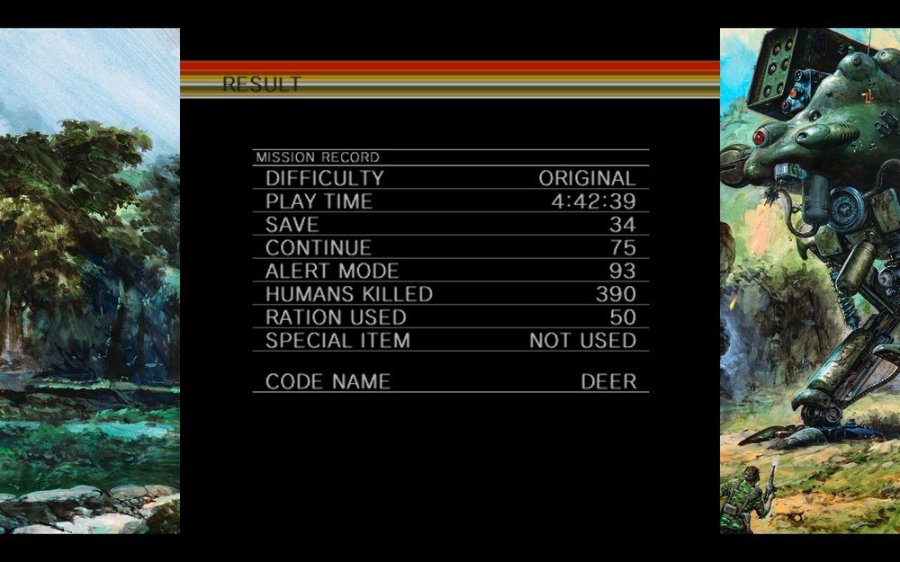 Metal Gear Results Screen:
Mission Record
Difficulty — Original
Play Time — 4:42:39
Save — 34
Continue — 75
Alert Mode — 93
Humans Killed — 390
Ration Used — 50
Special Item — Not Used
Code Name — Deer
