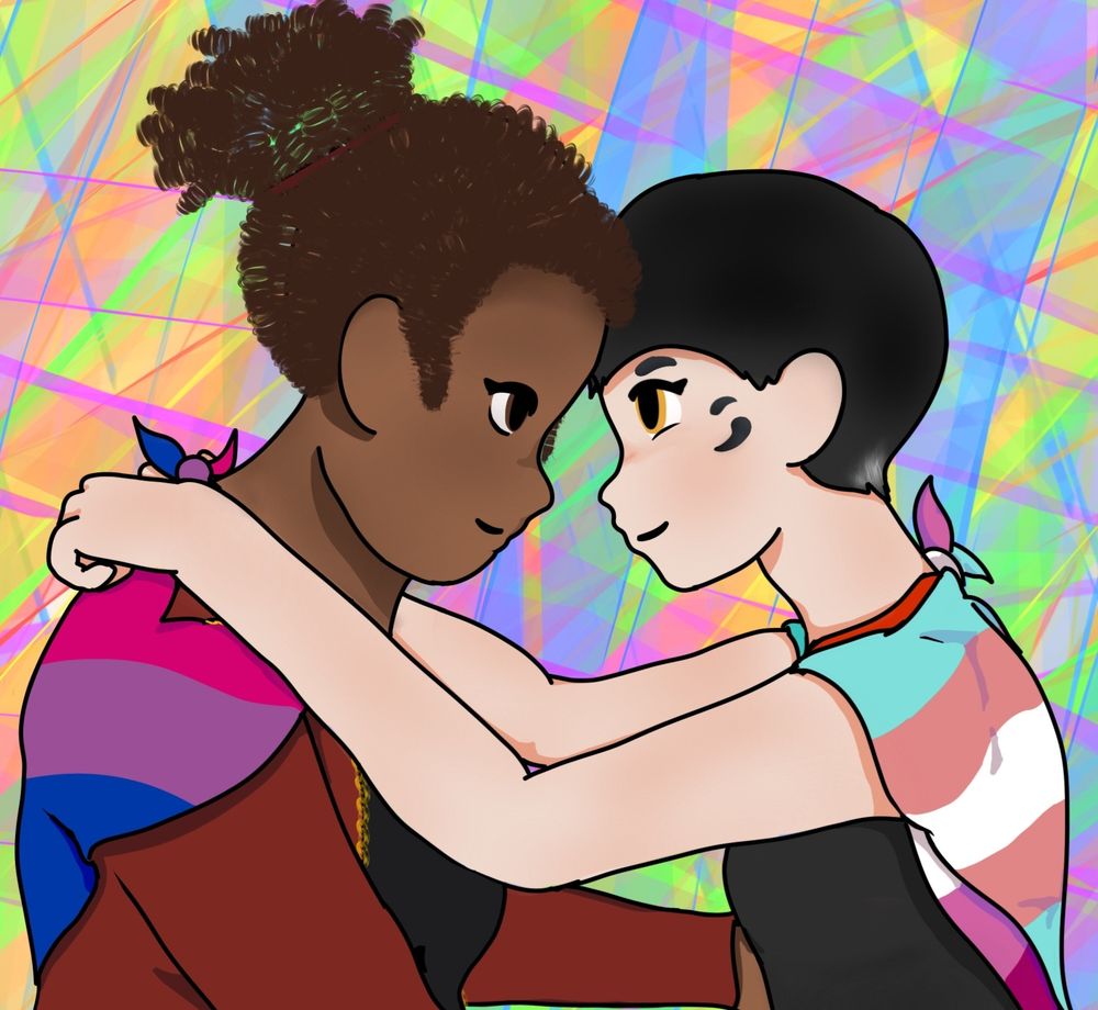 Destiny Neema and Umbra Storm holding each other fondly wearing bisexual and trans/les pride capelets respectively 