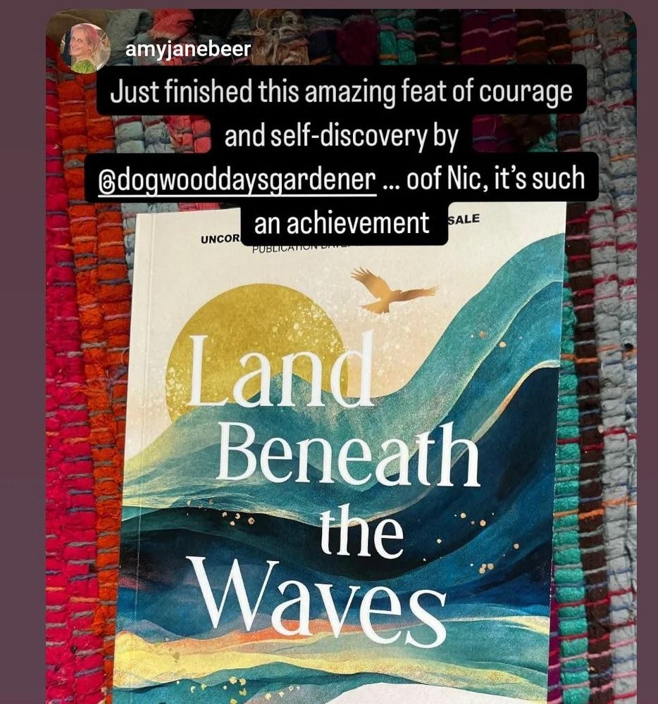 Book cover of Land Beneath the Waves on a multi coloured rug with the comment: just finished this amazing feast of courage and self discovery... Oof Nic, it's such an achievement.