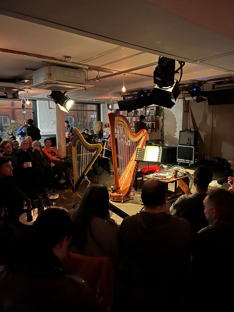Two harps standing in the middle of Cafe OTO amidst a small crowd