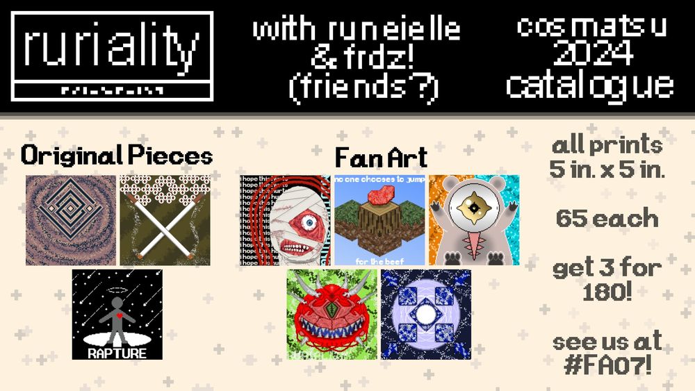 My catalogue of art prints for Cosplay Matsuri 2024, featuring original pieces and fan art.