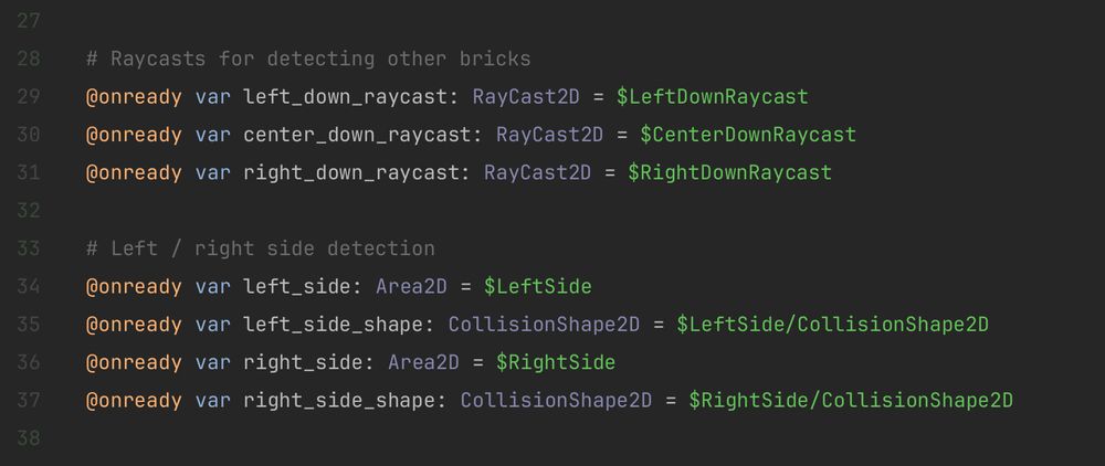 Screenshot of code editor Godot with Raycasts and Area2D nodes.
