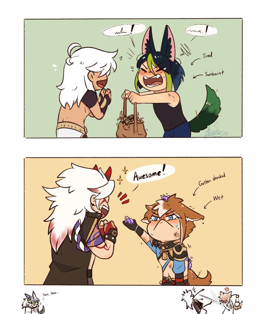 Tighnari and Gorou's passive abilities to find bugs for their boyfriends' materials. This is a bit of an older piece back in 2022.