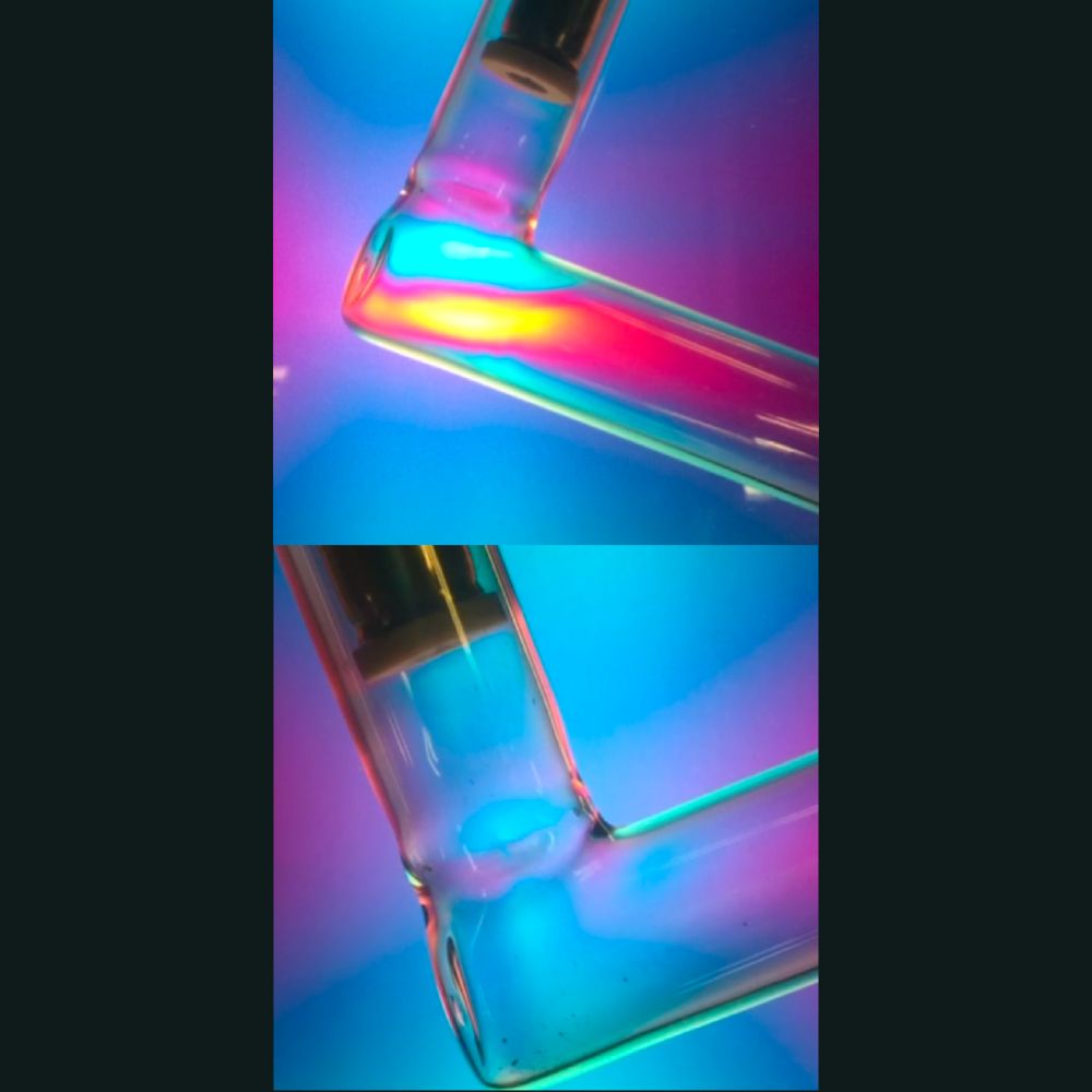 One before photo showing bright blue and red/orange areas before annealing and an after photo showing clear glass with no bright highlights after annealing.