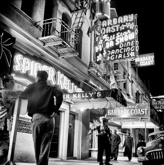 Vintage photo of neon by Fred Lyon outside strip club, Barbary Cost, San Francisco.