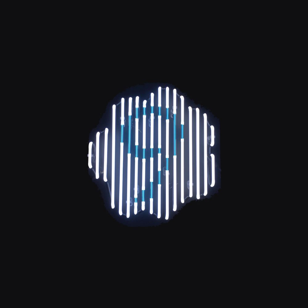 White neon cloud with the number 9 in blue. 