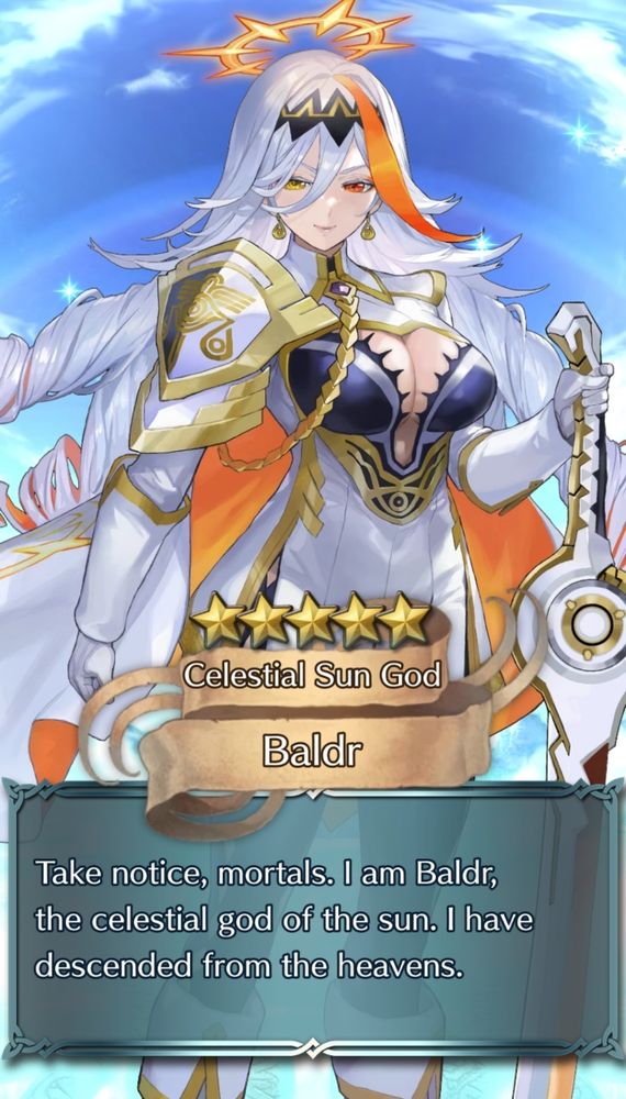 Baldr FEH summon. She's got long silver hair the curls into locks that's orange on the backside, wearing a striking white and gold outfit with an orange inside white outside cape. "Take notice, mortals. I am Baldr, the celestial god of the sun. I have descended from the heavens."