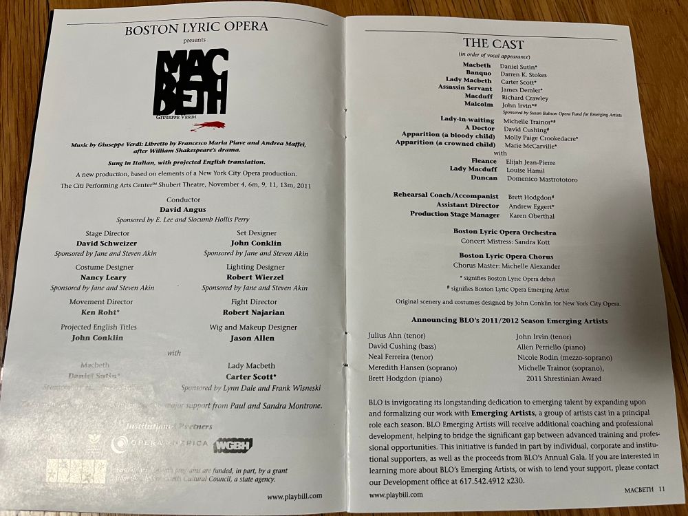 Program book of Macbeth at Boston Lyric Opera opened to cast page
Macbeth Daniel Sutin*
Banquo
Darren K. Stokes
Lady Macbeth
Carter Scott*
