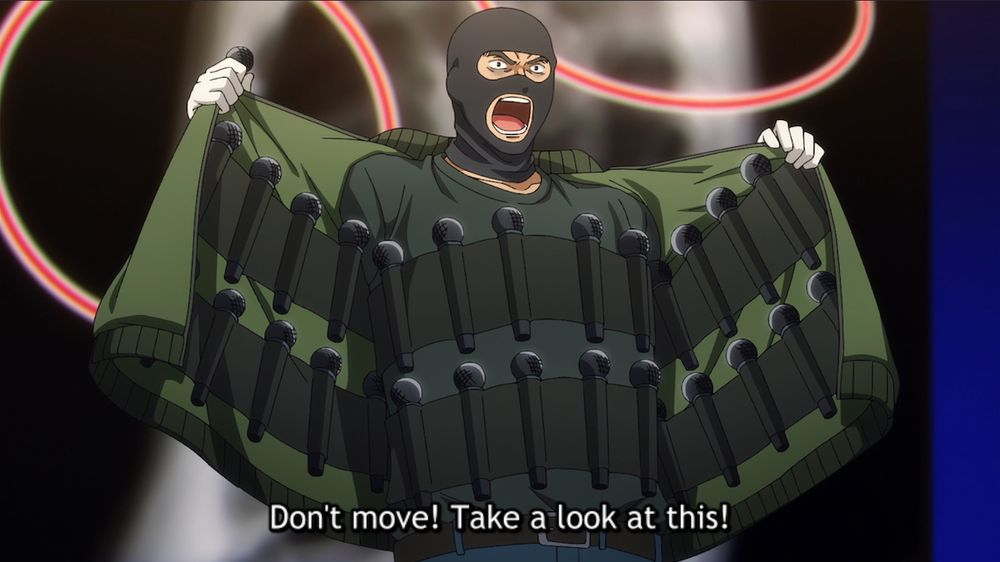 A Hypnosis Mic criminal with a jacket full of microphones