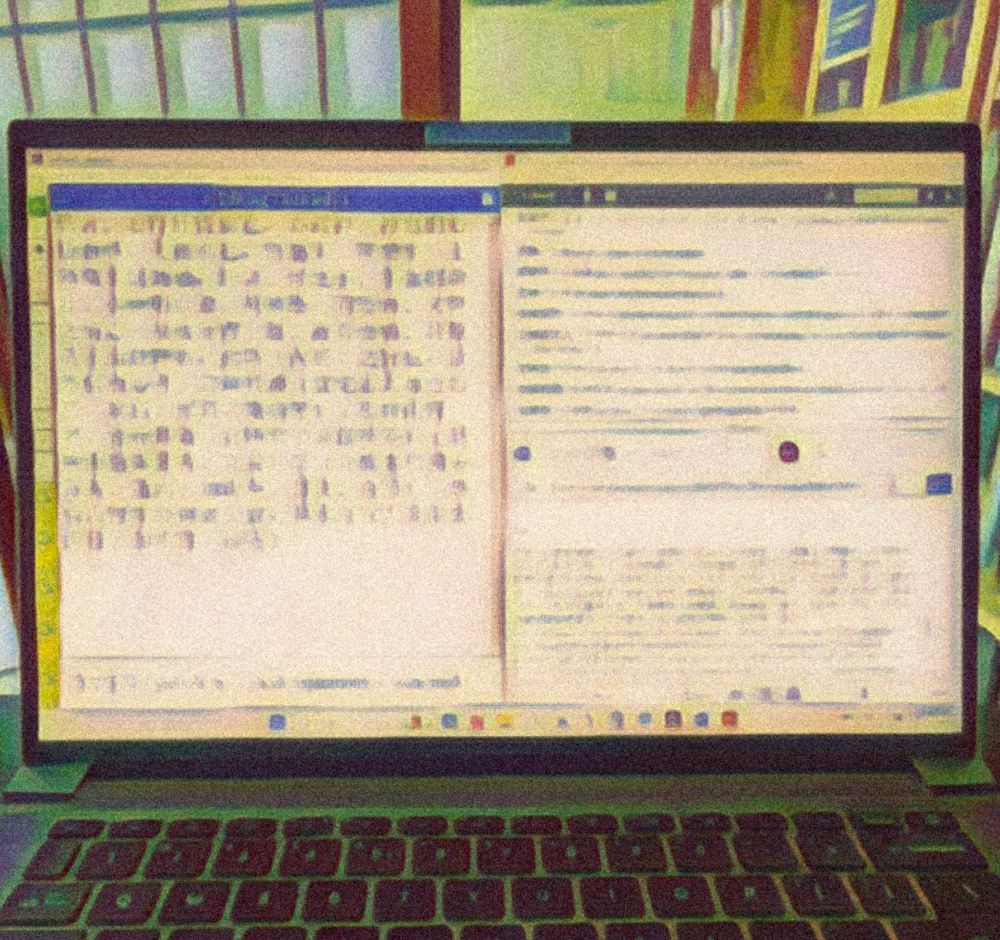 picture altered to look like an oil painting, depicting a laptop computer with several documents open on the screen.
