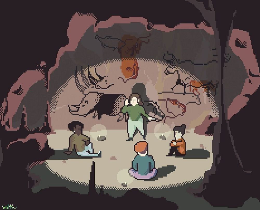 Dans une grotte éclairée par quelques lampes à huile, trois personnages assis écoutent une quatrième personne habillée en vert qui se tient devant une paroi portant de l'art rupestre. On reconnait des figures animales classiques du Paléolithique ouest européen. L'oratrice porte sa main droite en cornet devant sa bouche comme pour amplifier le son de sa voix et son écho dans la grotte. Le reste de la grotte est plongée dans l'obscurité mais on y devine stalagmites et stalactites.