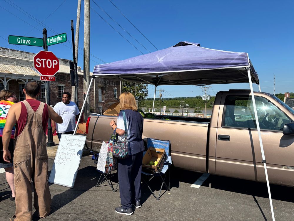 Man selling watermelons out of the back of a truck on by the Mississippi River. 