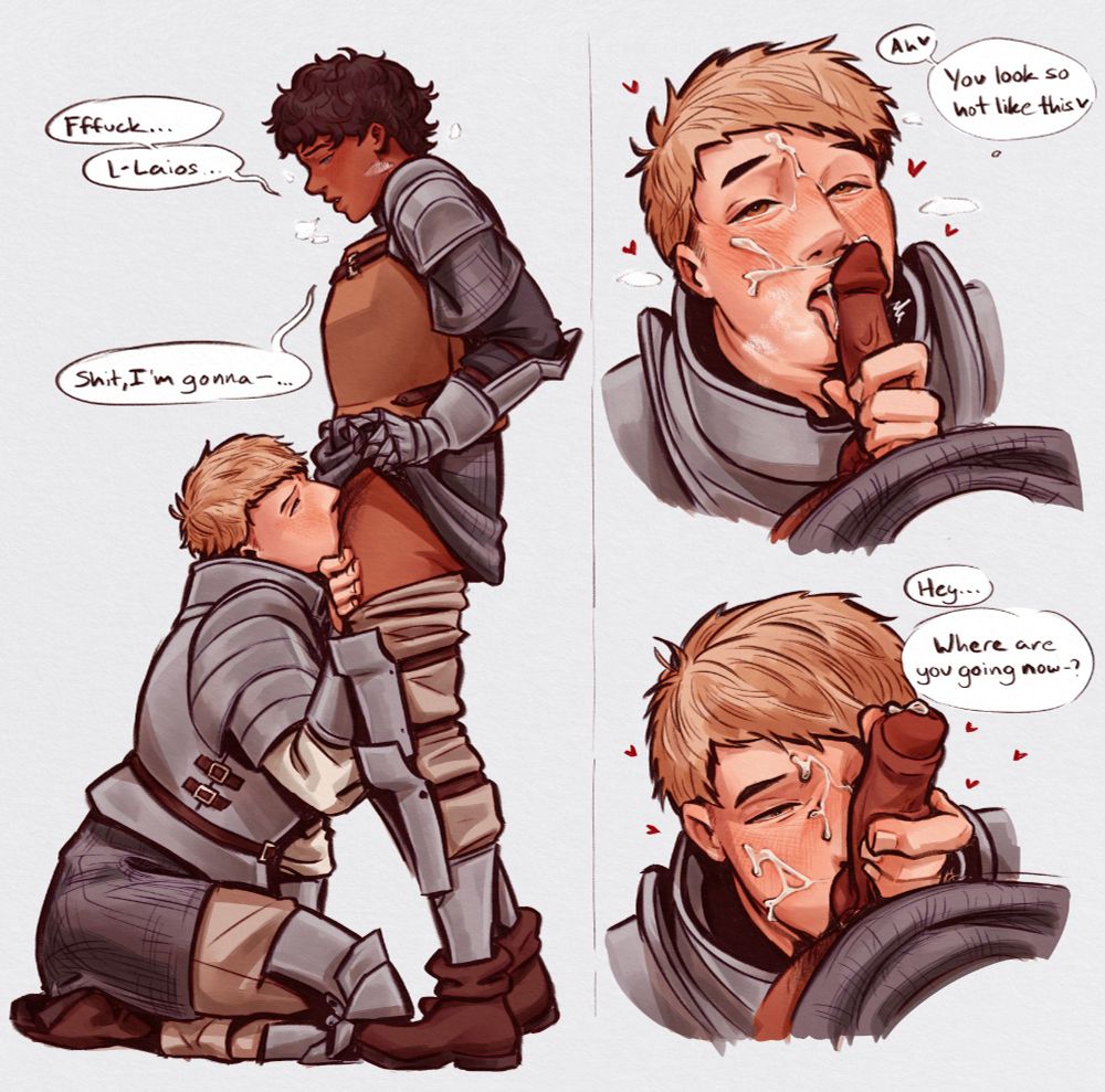 NSFW illustration of Laios and Kabru from Dungeon Meshi. Laios makes Kabru cum with a blow job while they both wear armor. Kabru talks to him through it.
"Fuck...Laios..."
"Shit, I'm gonna..."
"Ah, you look so hot like this."
"Hey...Where are you going now?