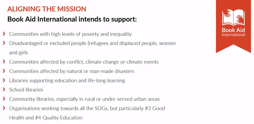 "Aligning the mission" slide from Judith Henderson's talk. This outlines the communities, libraries, organisation and people Book Aid International supports globally.