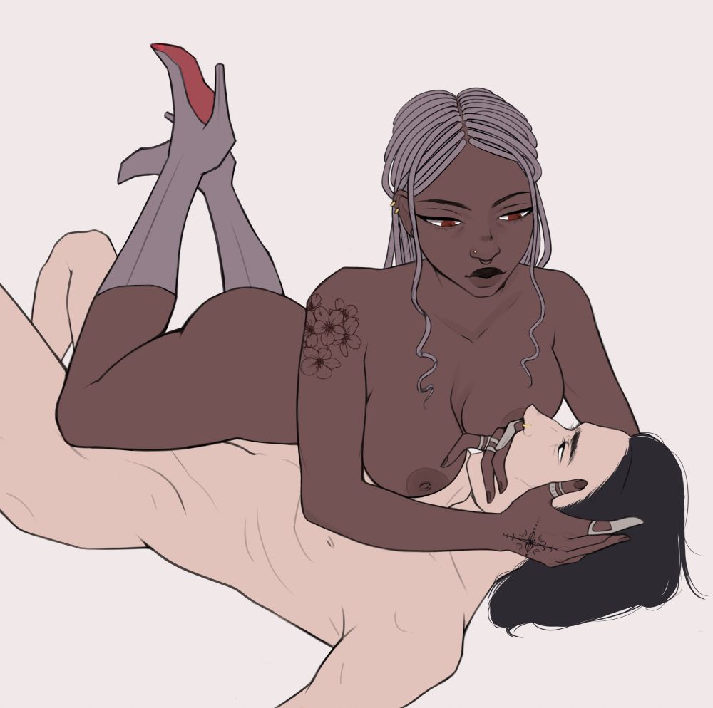 Naked woman is laying on top of her lover. She is closing his mouth shut with her left hand. She has dark skin, light purple dreads and boots. He is pale with dark hair