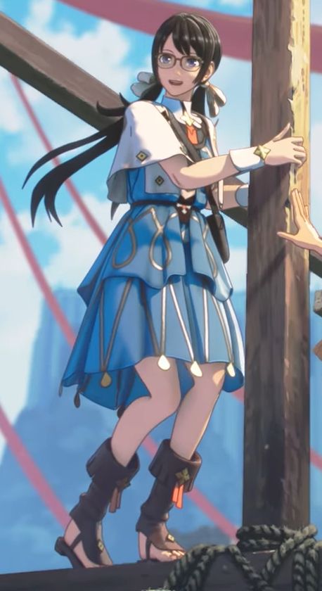A character from Fire Emblem: Fortune's Weave. She has long black pigtails and is wearing glasses. She has on a blue dress with a short white cape and sandal boots.