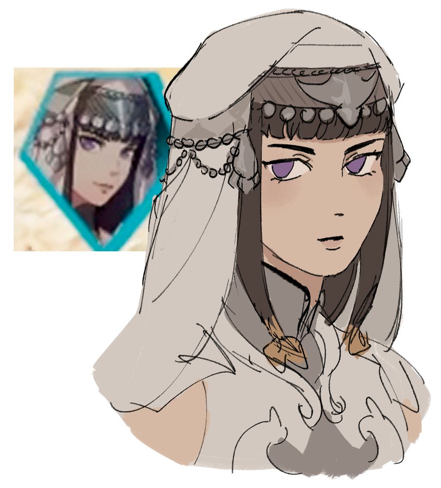 doodle of a currently unnamed female character (the gun nun) from fire emblem fortune's weave. she is wearing some kind of fabric headdress with silver decorations.