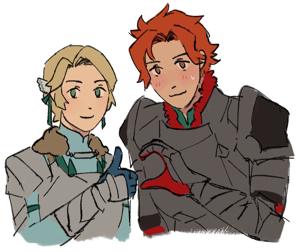 ingrid and sylvain. sylvain is making half a heart shape with his hands and ingrid is giving a thumbs up