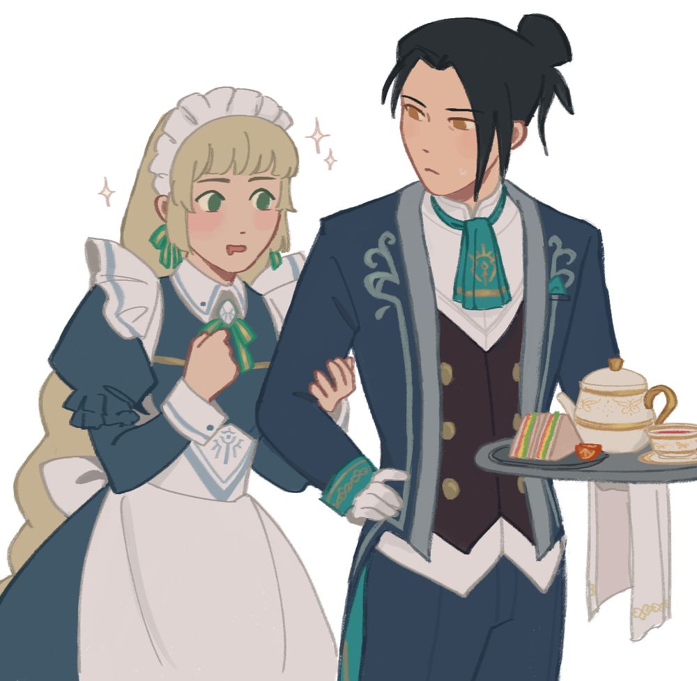 Ingrid in her FEH maid outfit and Felix in his FEH butler outfit. Ingrid is holding onto Felix's arm and drooling as she looks at the tea tray he is holding. Felix is looking at Ingrid apprehensively.