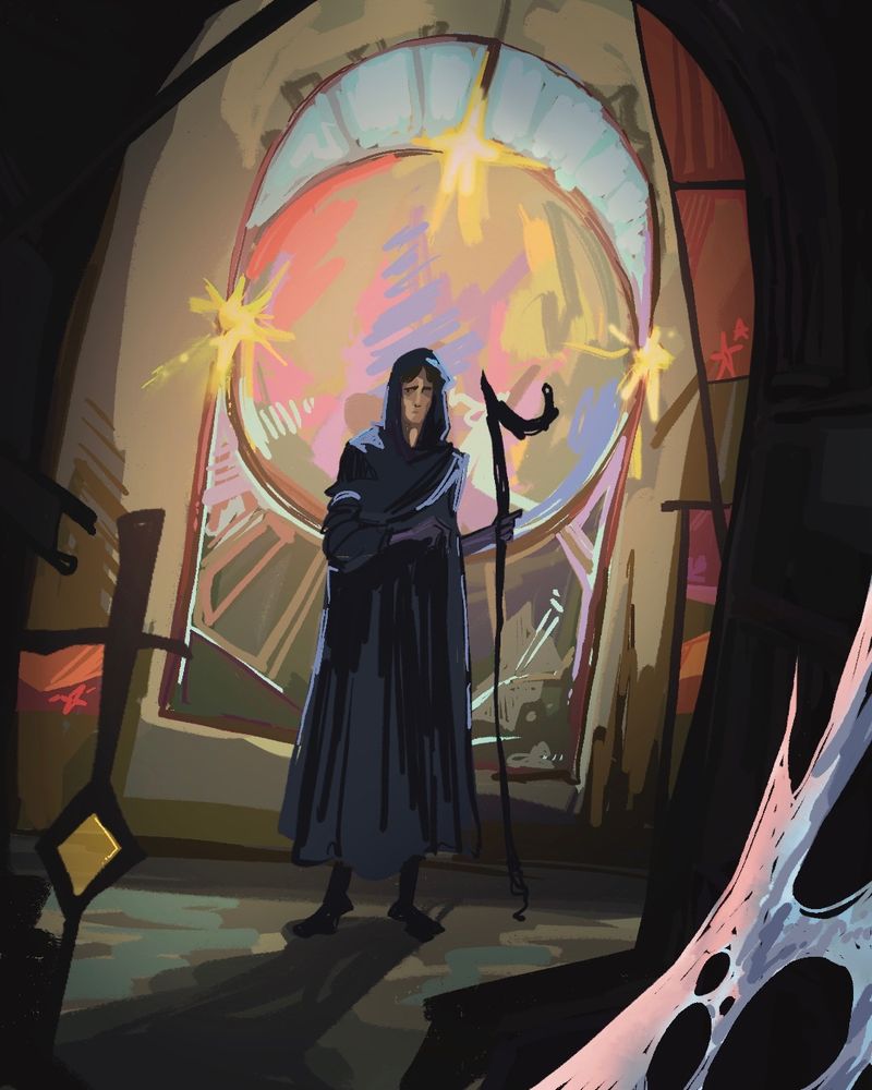 a digital drawing of viktor, based on a screen cap from the show. viktor stands barefoot, facing the viewer, with colorful wall art in the background. it frames him as if he’s holy.