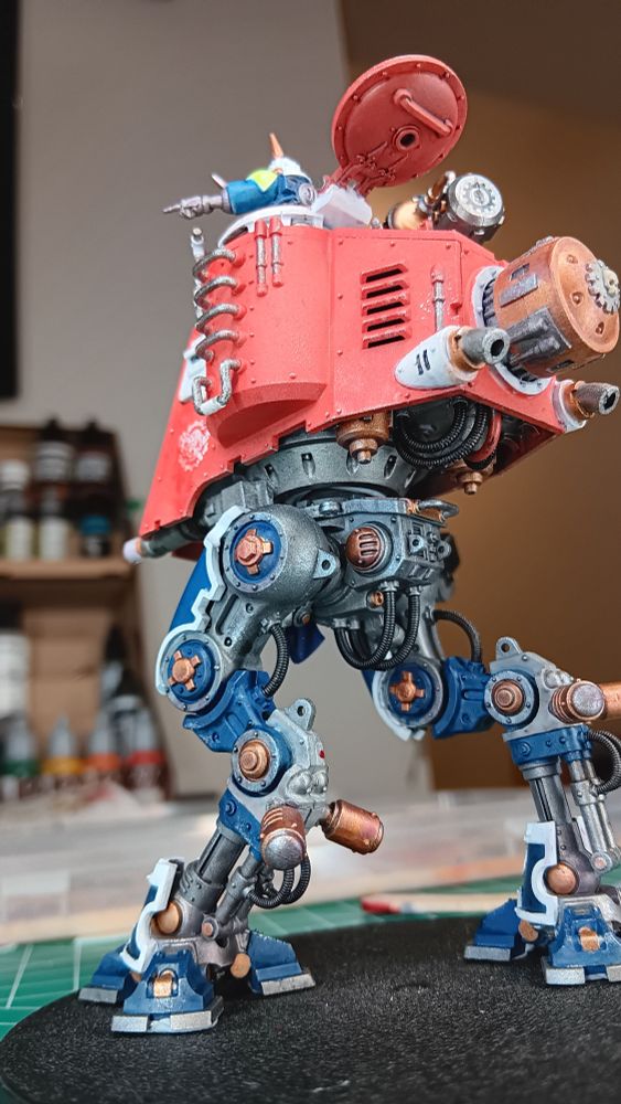 A view up under his legs. Still haven't glued the torso to the waist - will proba ly want to make a sprue spine to fit it on so he can be transported in halves.