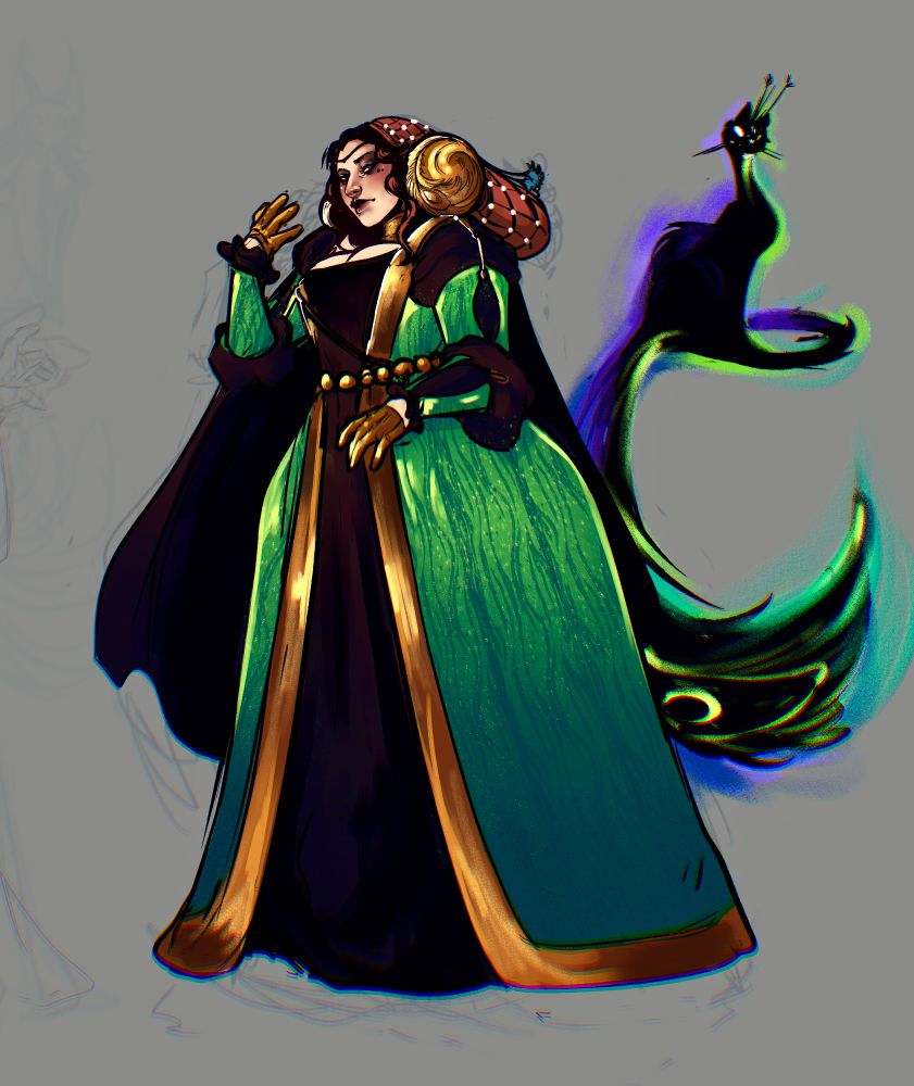 A character design for the RPG A court of Blades, it's a not historically accurate, renaissance inspired dress with peacock colors, her animal familiar is a shadow that looks like a mix of a cat and a peacock, and has a purple/blue/green hue around it