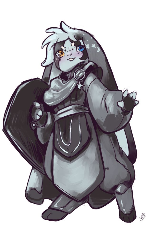 a DnD twilight cleric bunny, with a big shield and starry eyes, her fur has starry patterns.