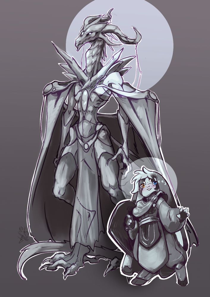 a height comparison of two DnD characters, the bunny reaches the dragonborn's knees 