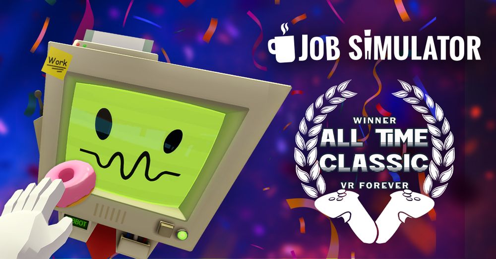 A computer character with a happy facial expression is eating a 3d pink donut with a confetti background. "Job Simulator" and an "Winner, All time classic, VR Forever" logo emblem is overlayed to the right