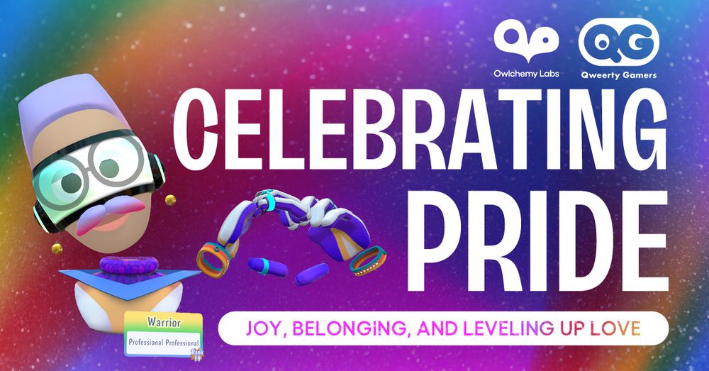 A DDS avatar making a heart with their hands in front of a rainbow gradient. Top is the Owlchemy Labs and Qweerty games logo, below that it reads "Celebrating Pride: Joy, Belonging, and Leveling Up Love"
