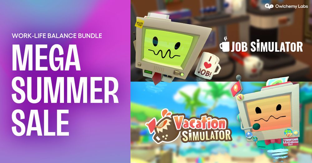 Image of JobBot and VacationBot with their game logos. Reads "WORK-LIFE BALANCE BUNDLE. MEGA SUMMER SALE"